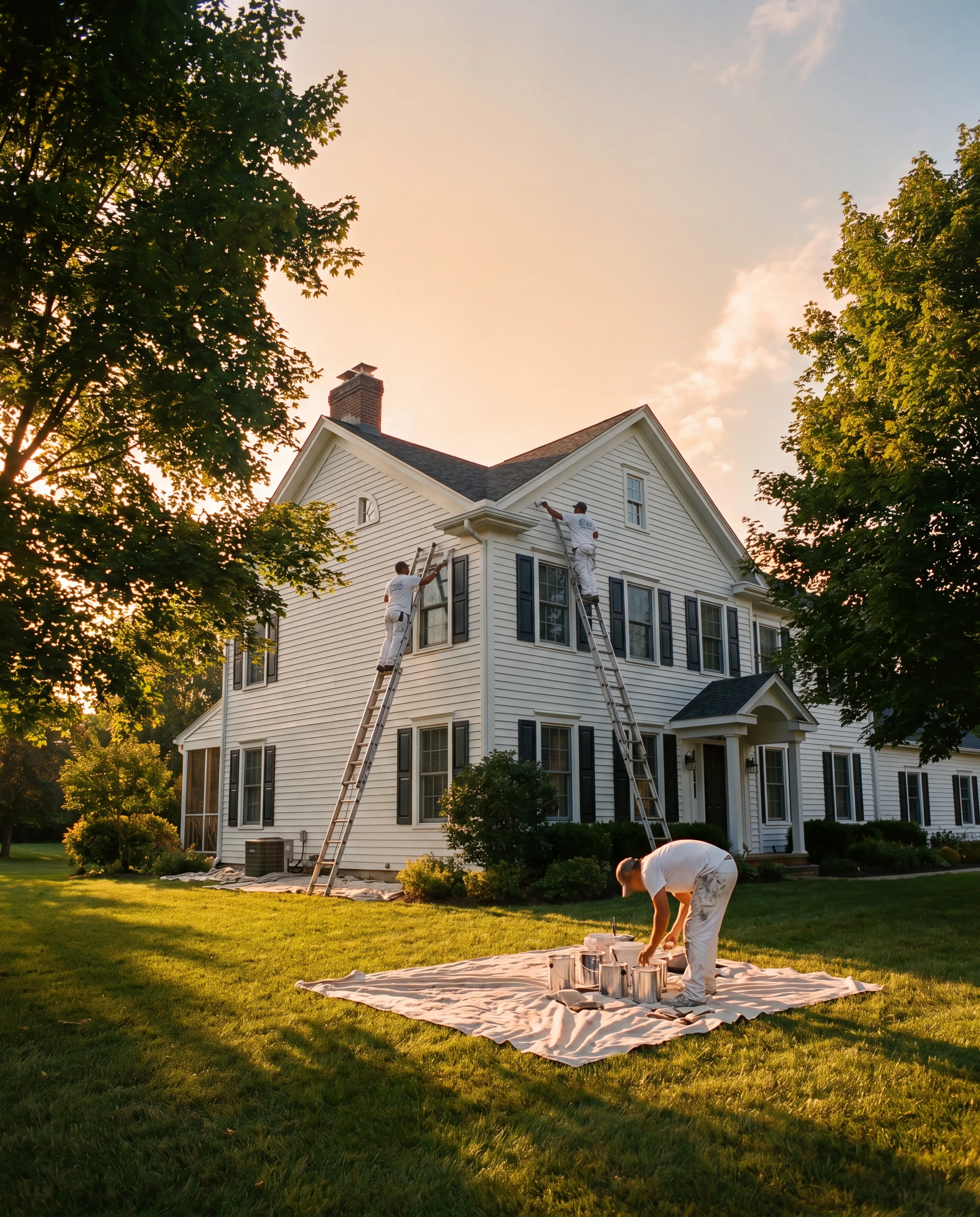 A small JL crew at work on a large white-clapboard Pennsylvania colonial home in golden-hour light — two crew members on extension ladders working second-floor trim and one crew member organizing paint cans on a canvas drop cloth in the foreground