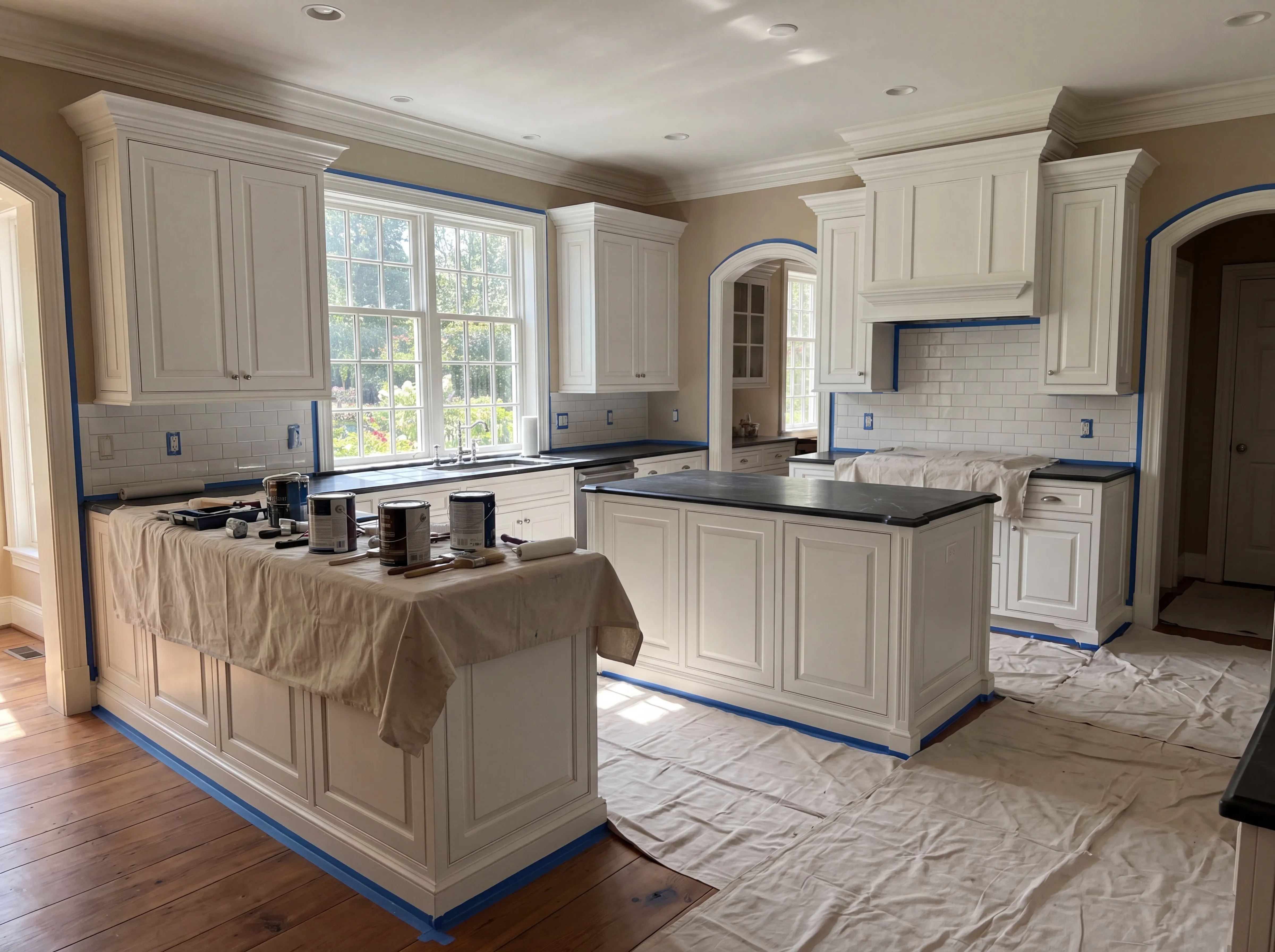 Premium Pennsylvania colonial-style kitchen mid-paint refinish — white painted cabinetry with crown molding and traditional shaker doors, dark stone countertops, hardwood floors fully protected by canvas drop cloths, blue painters tape masking the trim and tile backsplash