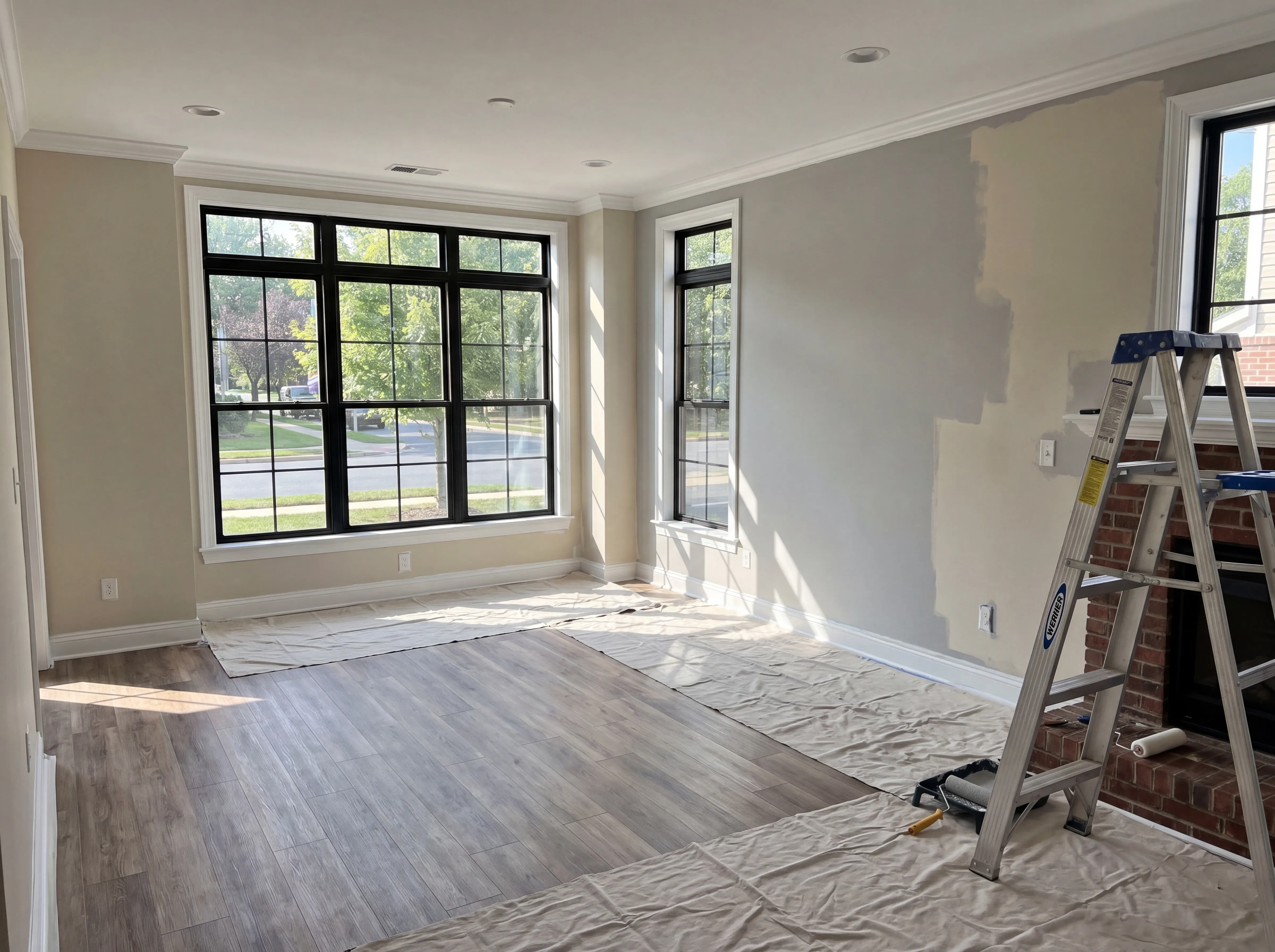 Interior of a contemporary Pennsylvania townhome living room mid-paint, fresh light-gray walls partially complete, white painters tape on the baseboards and crown molding, drop cloths on the laminate floor, Werner ladder positioned in the corner