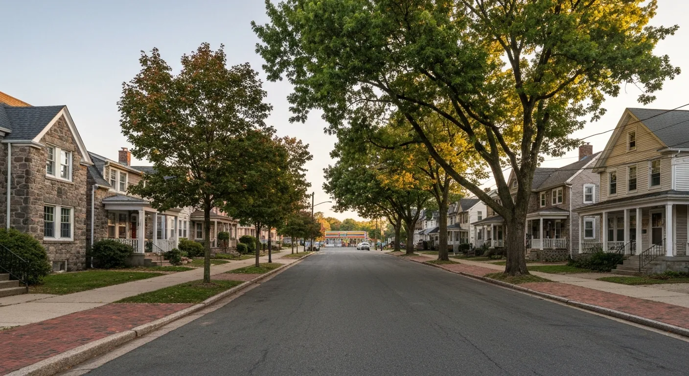 Wide street-level view in North Wales, Pennsylvania showing pre-1940 borough cottages and stone-front homes with maple-lined sidewalks in golden-hour light