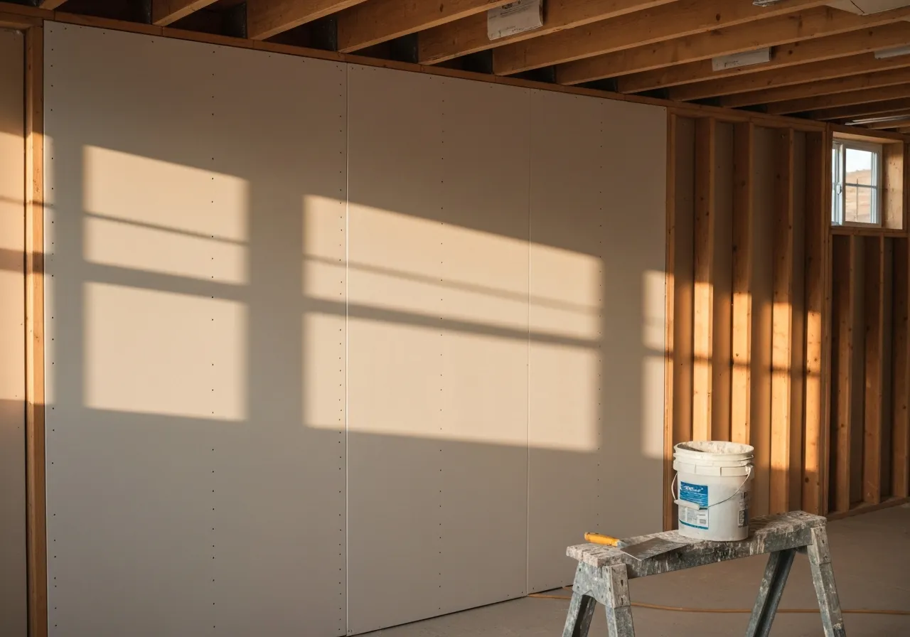 Basement or new addition mid-drywall installation, fresh white gypsum board hung on wood-stud framing, joint compound bucket and sawhorse in foreground, warm late-afternoon light from a window