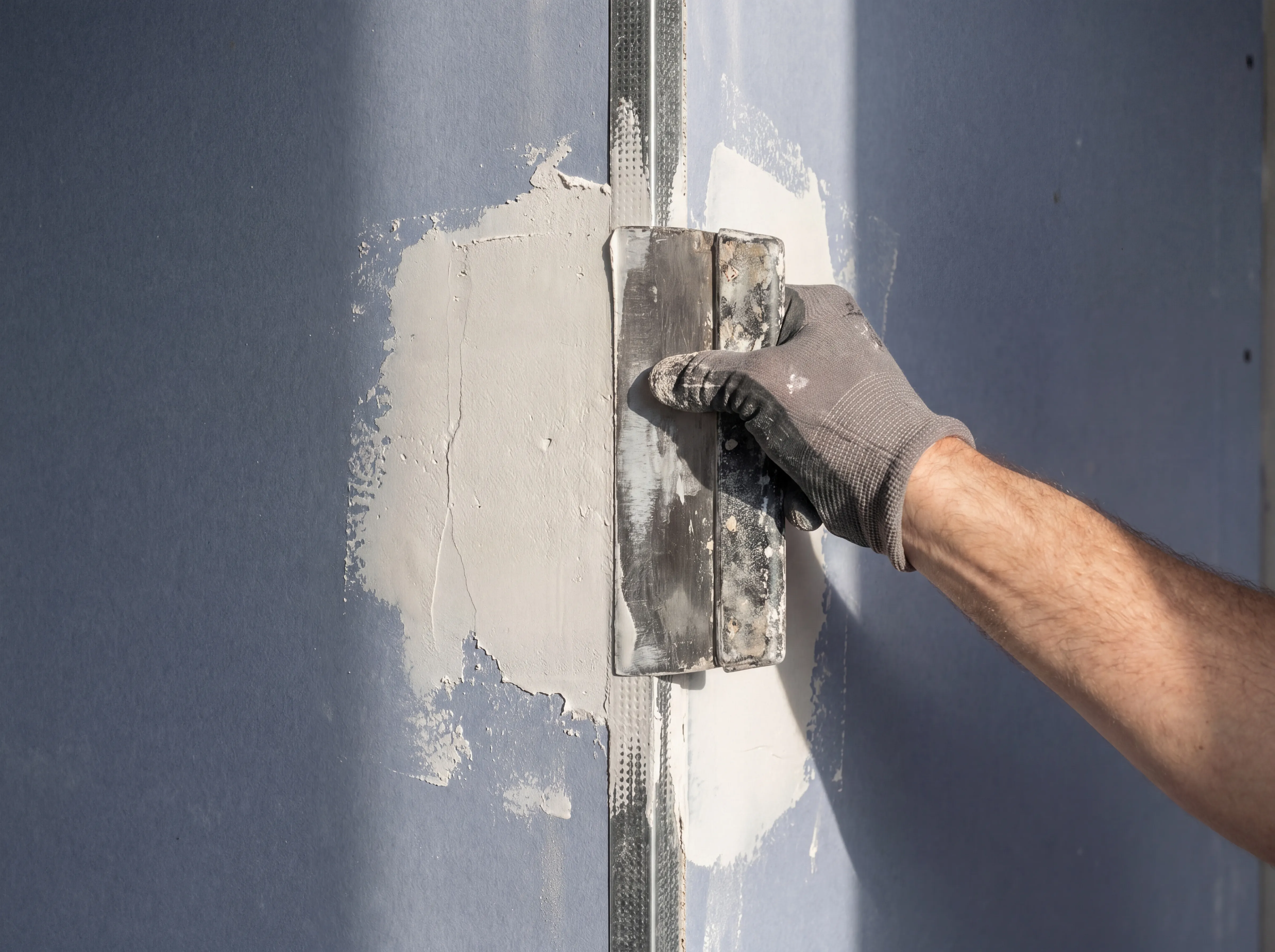 Tight macro close-up of a galvanized metal corner bead being mudded into a wall corner with a 6-inch drywall taping knife, fresh white joint compound feathering into the gypsum board on either side